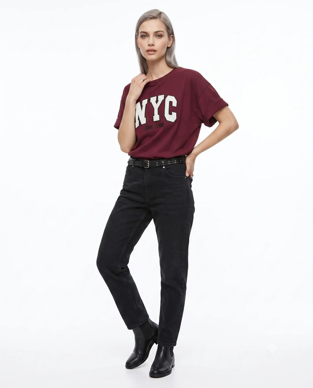 % 100 Kalın Pamuklu Oversize/Geniş Pach Nakışlı Örme T-Shirt
