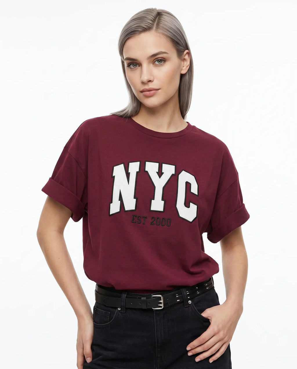 % 100 Kalın Pamuklu Oversize/Geniş Pach Nakışlı Örme T-Shirt
