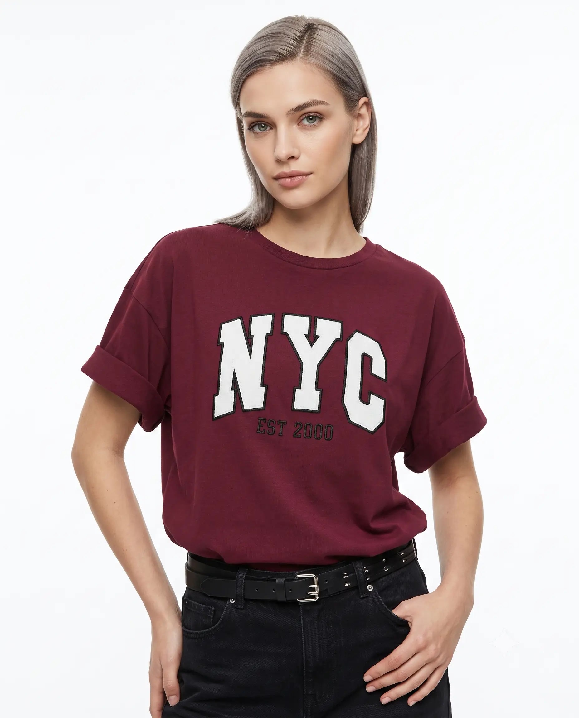 % 100 Kalın Pamuklu Oversize/Geniş Pach Nakışlı Örme T-Shirt