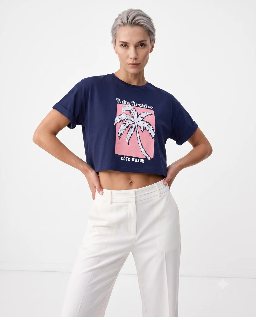 % 100 Kalın Pamuklu Relaxed/Rahat Kalıp Crop Baskılı Örme T-Shirt - Lacivert / XS