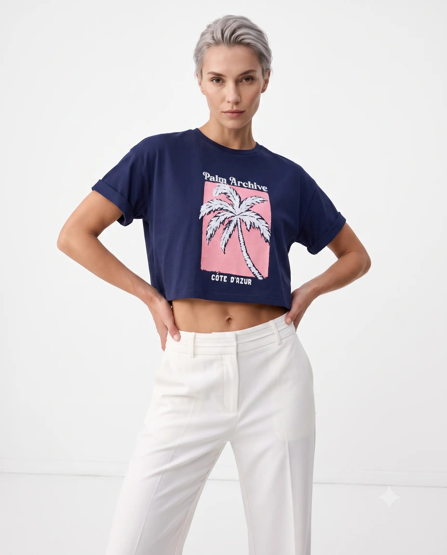 % 100 Kalın Pamuklu Relaxed/Rahat Kalıp Crop Baskılı Örme T-Shirt - Lacivert / XS