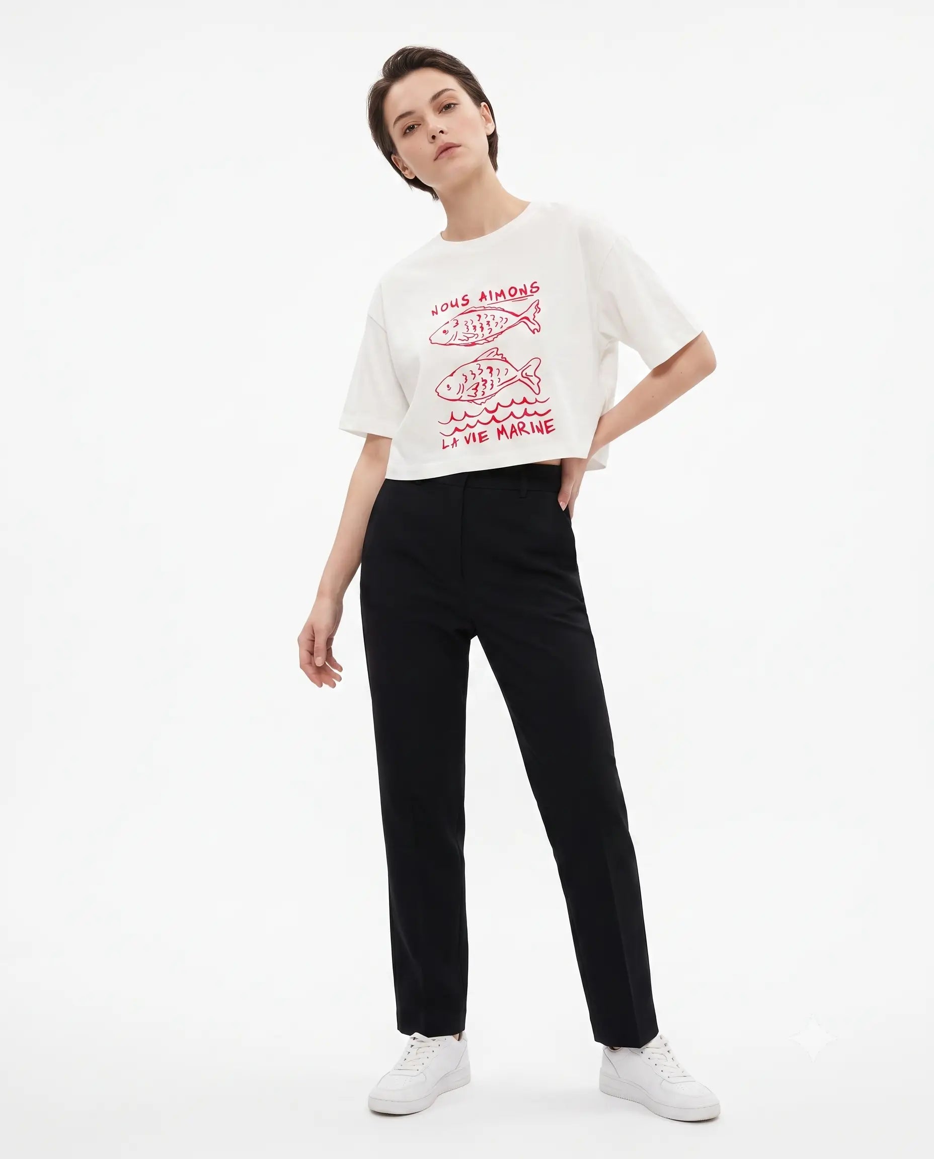 % 100 Kalın Pamuklu Relaxed/Rahat Kalıp Crop Baskılı Örme T-Shirt - Bej / XS