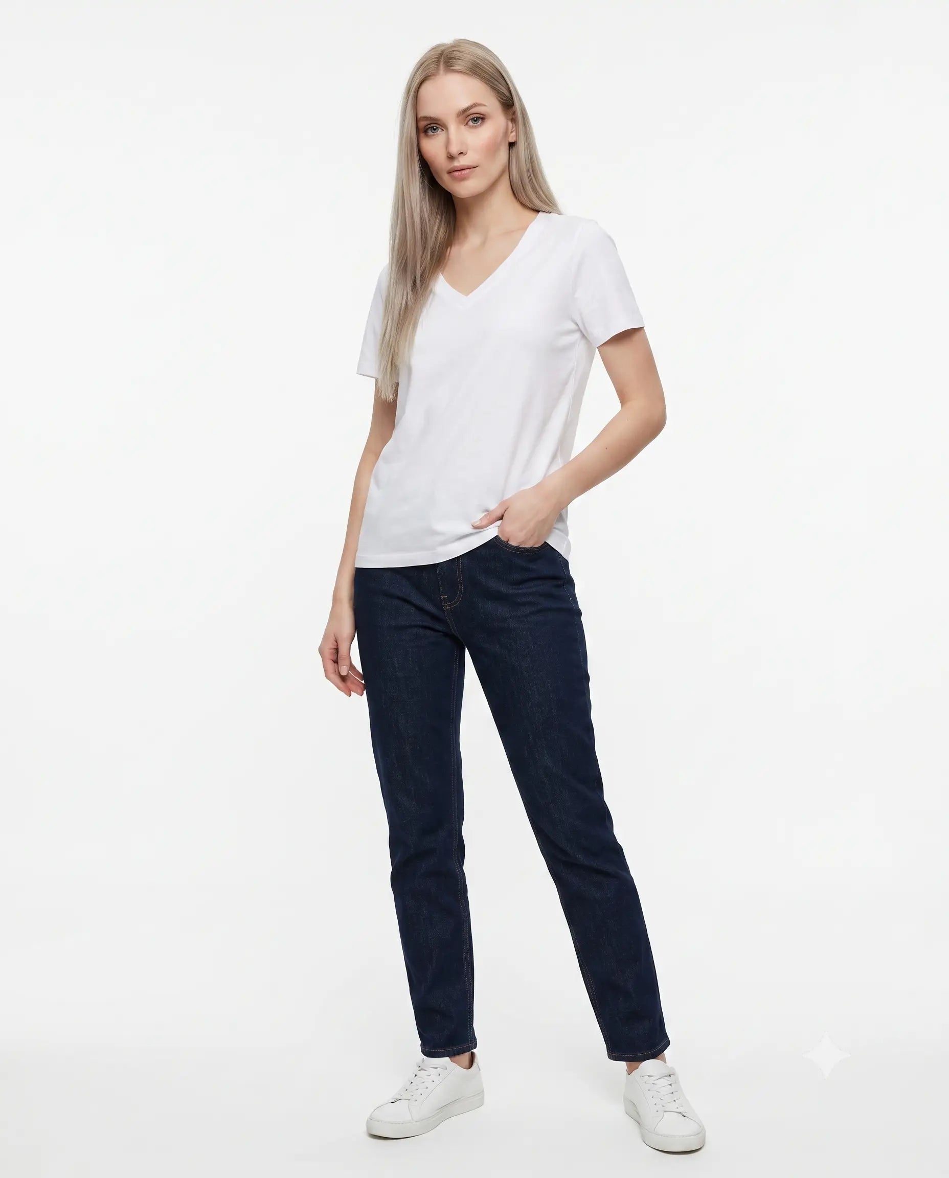 % 100 Pamuk Basic V Yaka Örme T-Shirt - Beyaz / XS