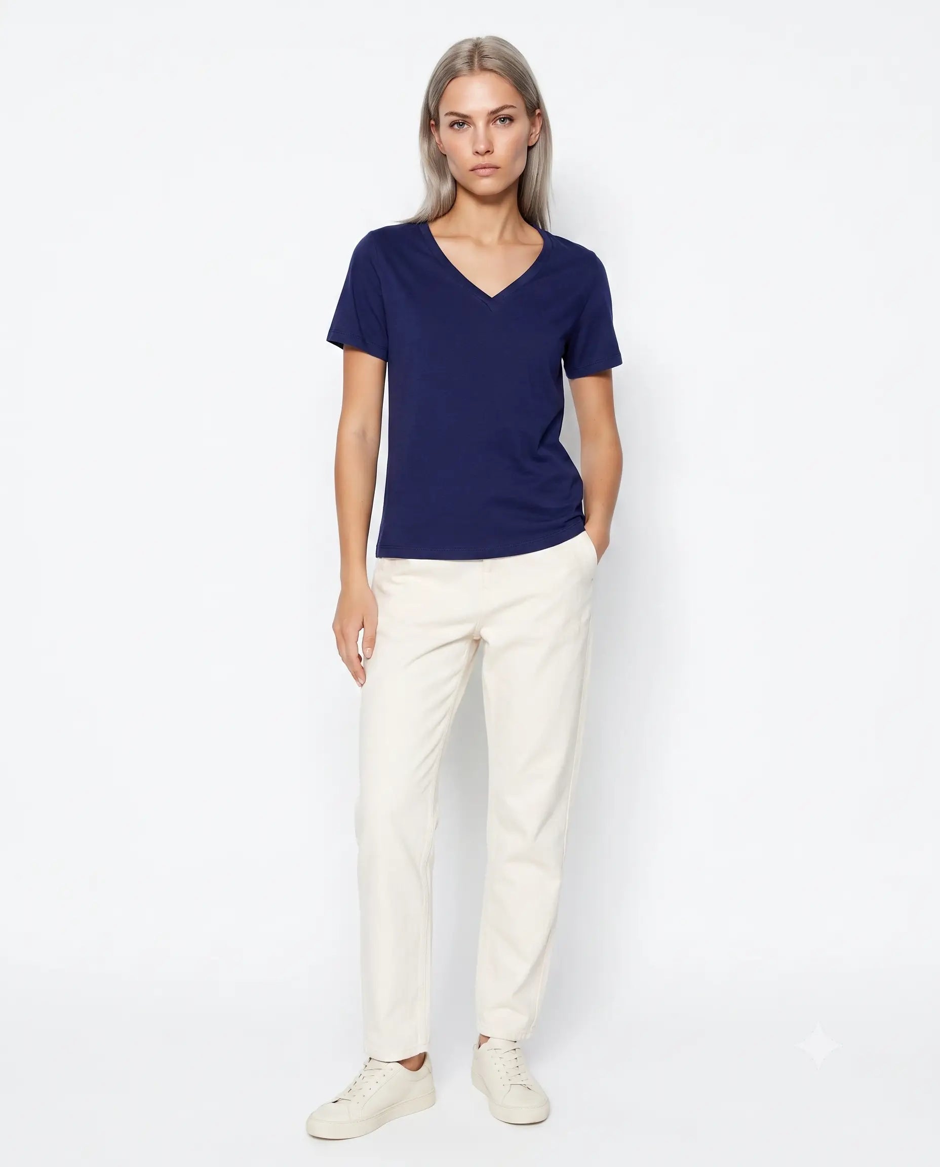 % 100 Pamuk Basic V Yaka Örme T-Shirt - Lacivert / XS