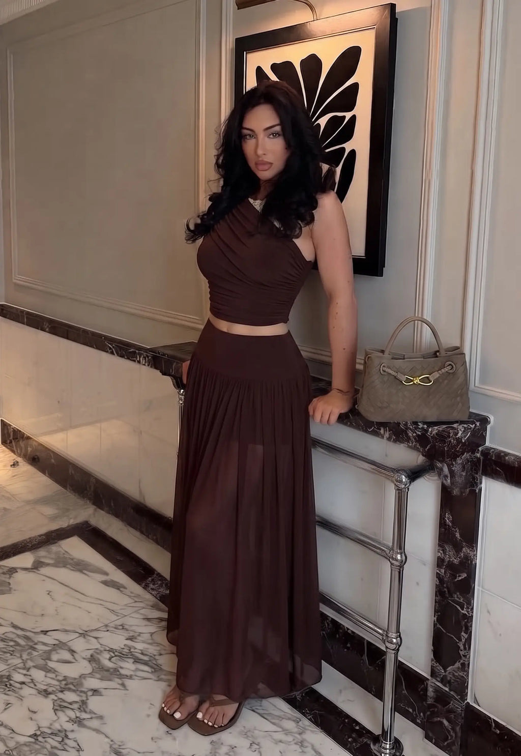 Asimetrik Yaka Kolsuz Örme Tül Party Alt - Üst Takım