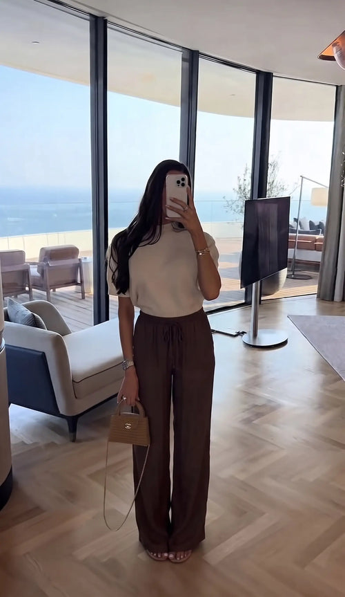 Beli Lastikli İnce Saten Pantolon