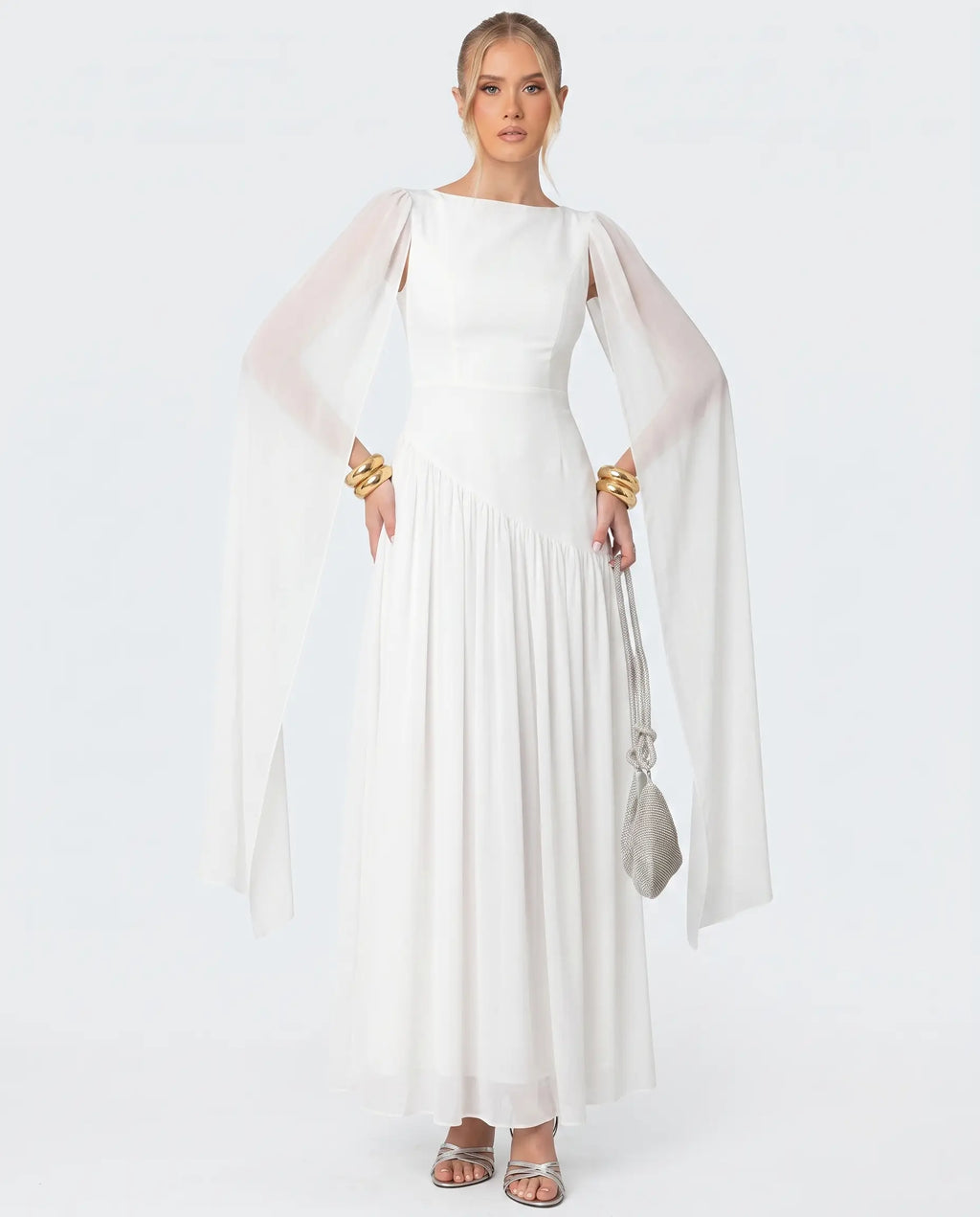 Beyaz Şifon Şal Detay Bridal Elbise