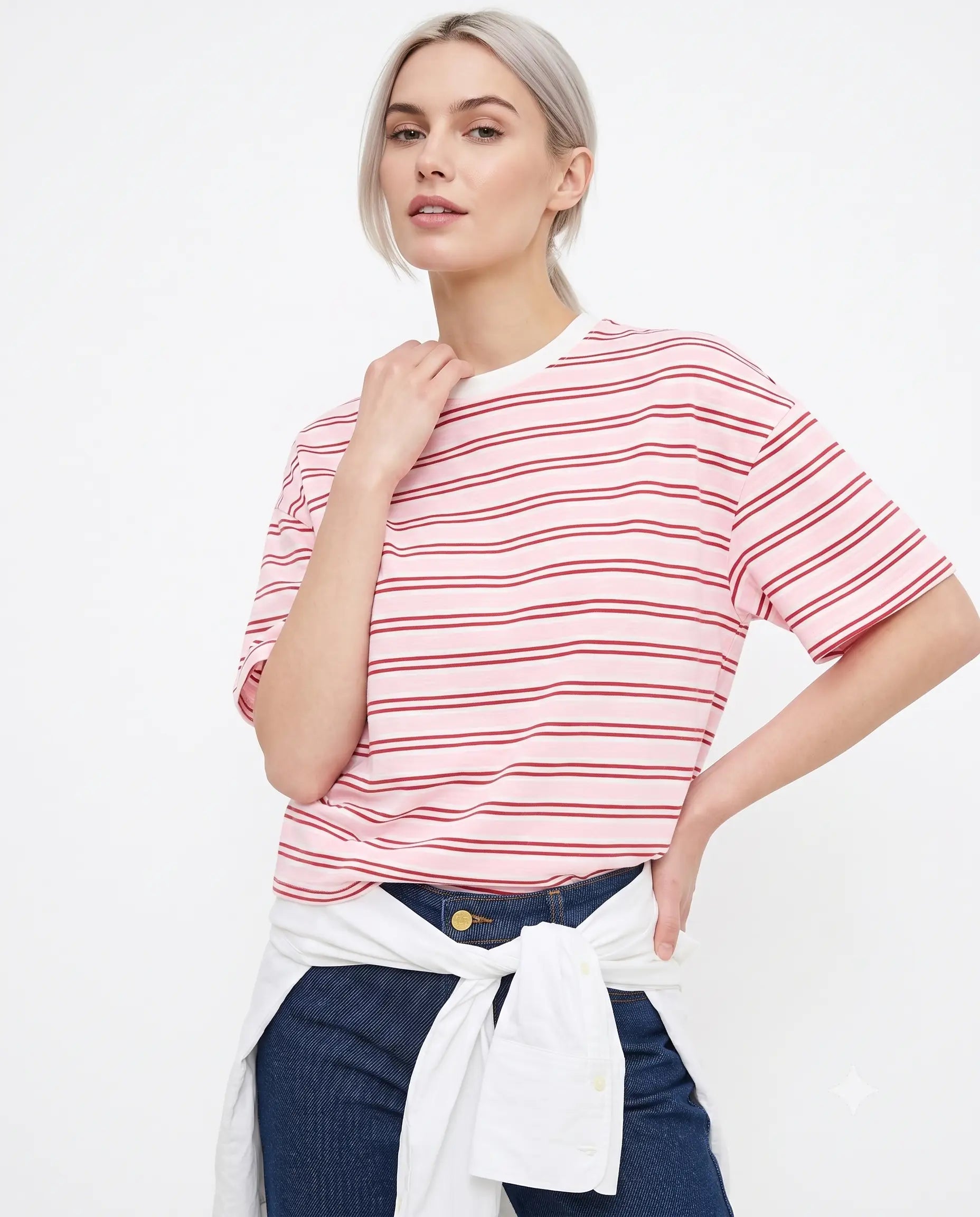 Çizgili Boxy Düşük Kol Kısa Kollu Tok % 100 Pamuk Örme T-Shirt - Pembe / XS