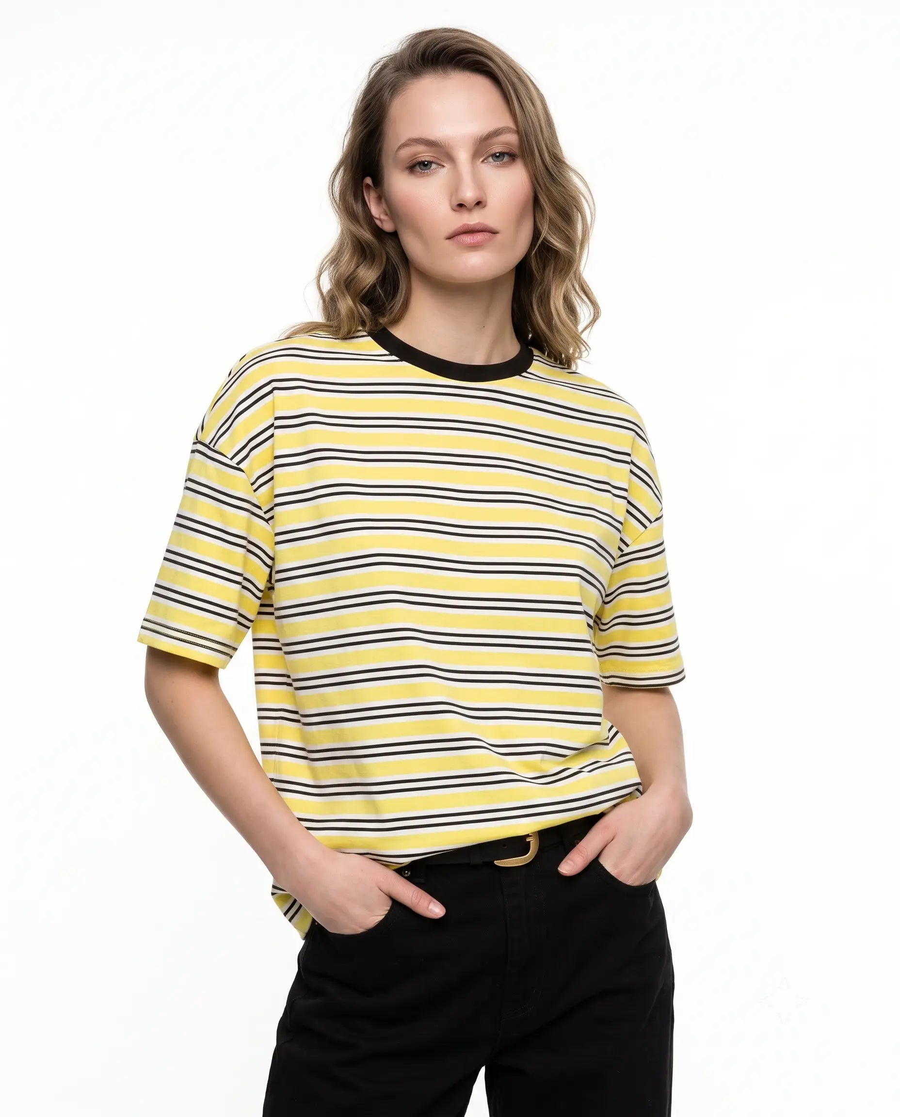 Çizgili Boxy Düşük Kol Kısa Kollu Tok % 100 Pamuk Örme T-Shirt - Sarı / XS