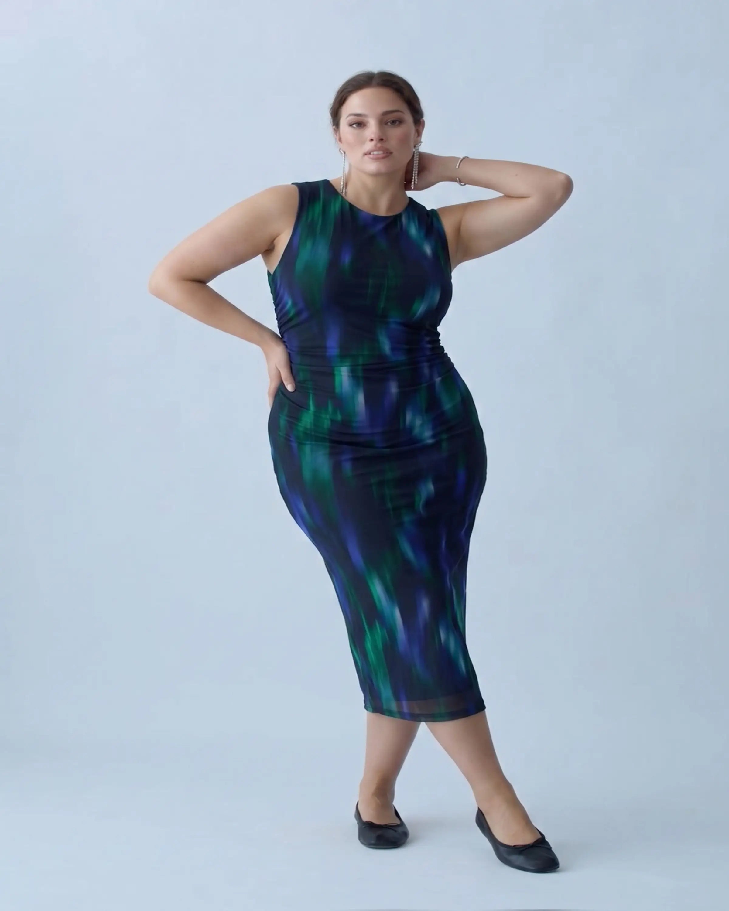 Çok Renkli Büzgü/Drape Detaylı Desenli Maxi Esnek Tül Büyük Beden Elbise