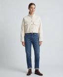 Ekru Dik Yaka Cep Detaylı Crop Denim Ceket