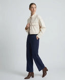 Ekru Dik Yaka Cep Detaylı Crop Denim Ceket