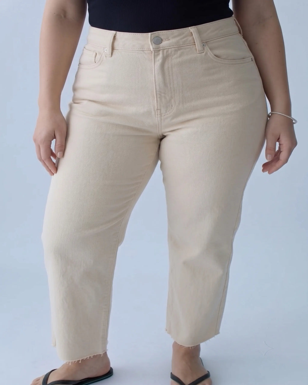 Ekru Yüksek Bel Straight Fit Comfort/Orta Esnek Büyük Beden Jeans