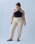 Ekru Yüksek Bel Straight Fit Comfort/Orta Esnek Büyük Beden Jeans