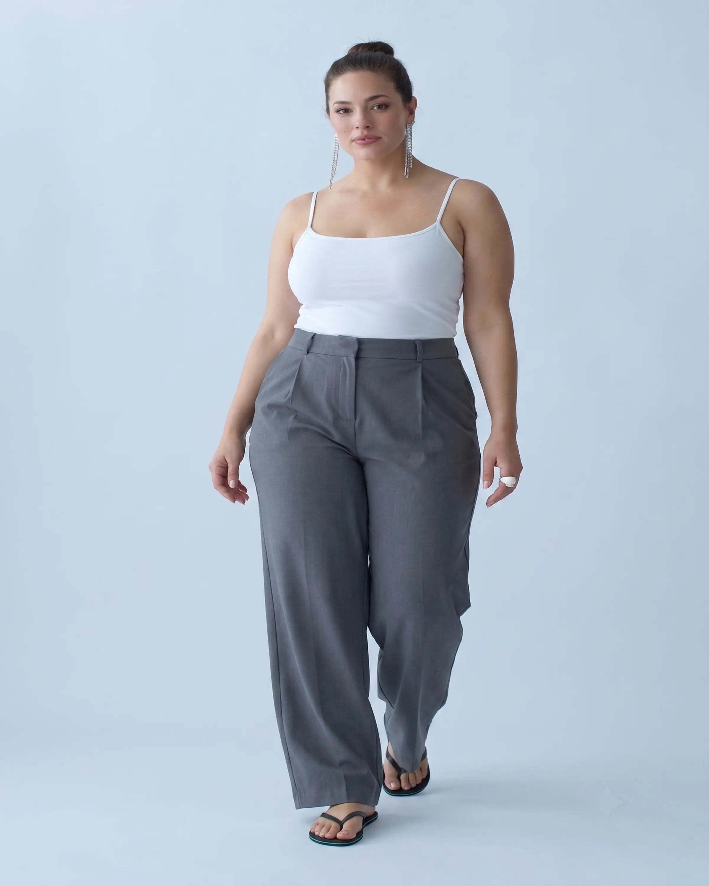 Gri Lastik Belli Wide Leg Büyük Beden Dokuma Pantolon