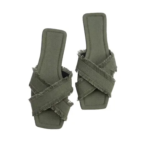 Haki Püskül Detaylı Denim Çapraz Bantlı Kadın Terlik
