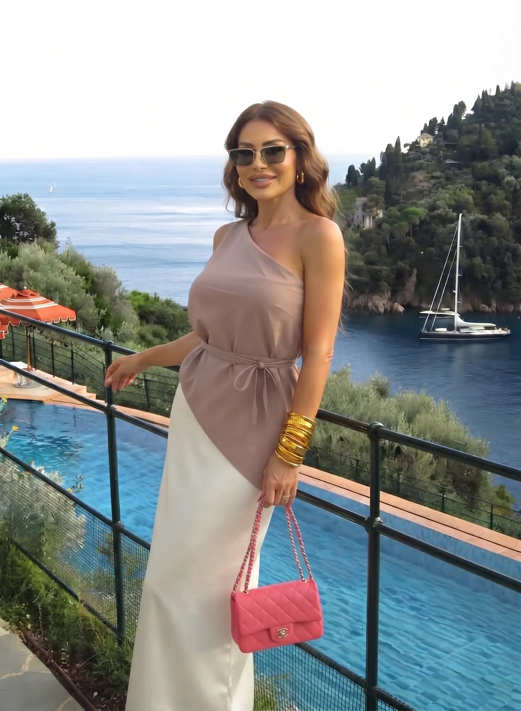 Kahverengi Asimetrik Yaka İnce Kuşaklı Dokuma Bluz