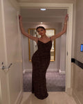 Kahverengi Kabartma Baskılı Bodycon Abiye