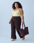 Kahverengi Kemerli Pilili Wide Leg/Extra Geniş Paça Dokuma Pantolon