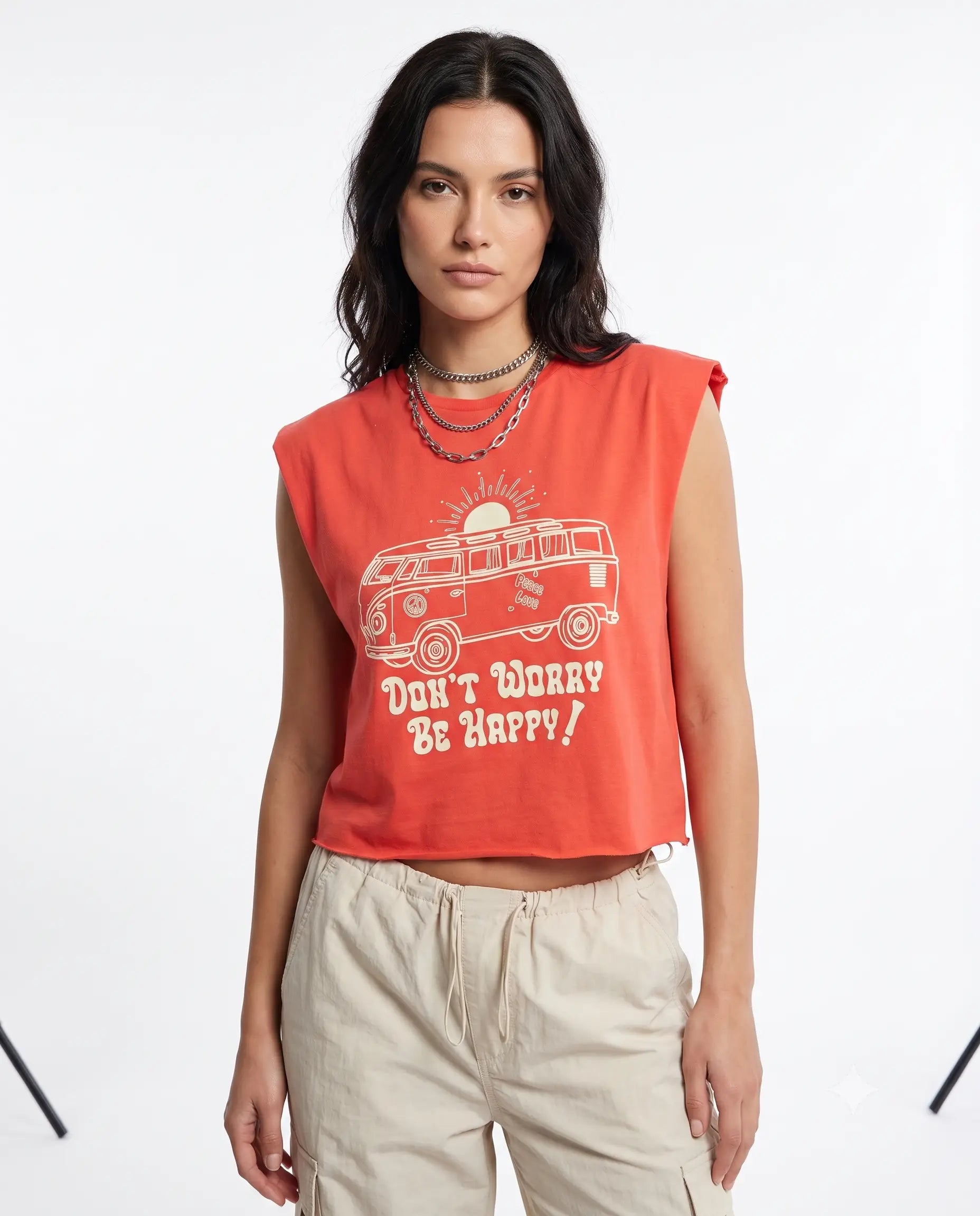 Kırmızı % 100 Pamuk Baskılı Kolsuz Relaxed/Rahat Kalıp Crop Bisiklet Yaka Örme T-Shirt