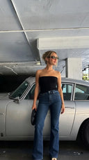 Koyu Mavi Yüksek Bel Orta Esnek Wide Leg Jeans