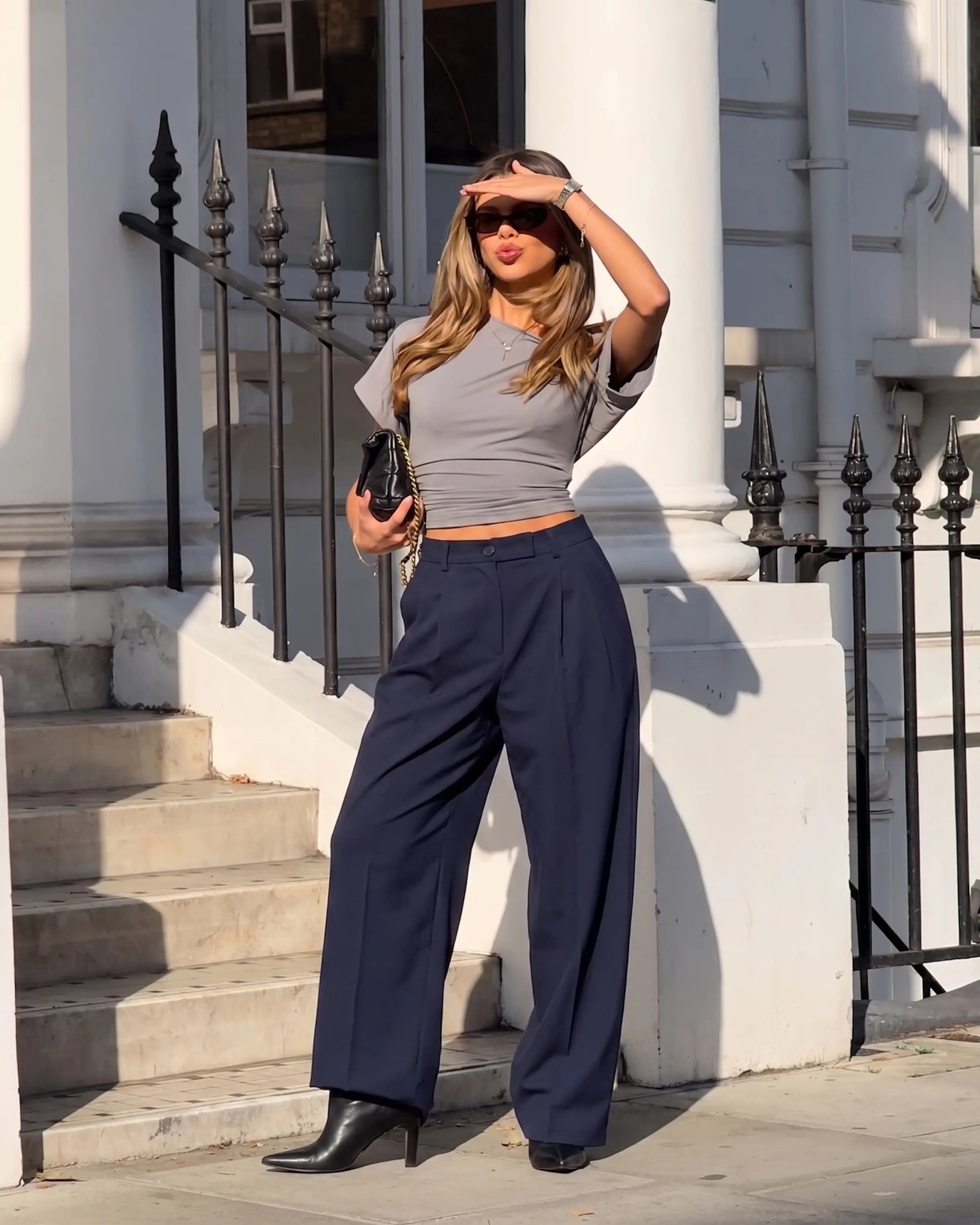 Lacivert Pilili Wide Leg/Geniş Paça Pantolon