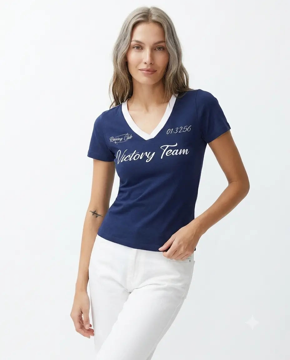 Lacivert Slogan Baskılı V Yaka Regular/Normal Kalıp Örme T-Shirt