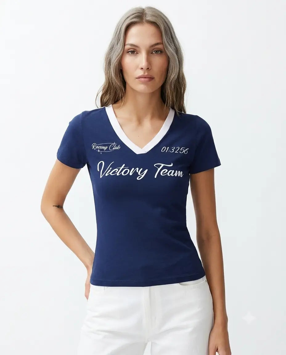 Lacivert Slogan Baskılı V Yaka Regular/Normal Kalıp Örme T-Shirt