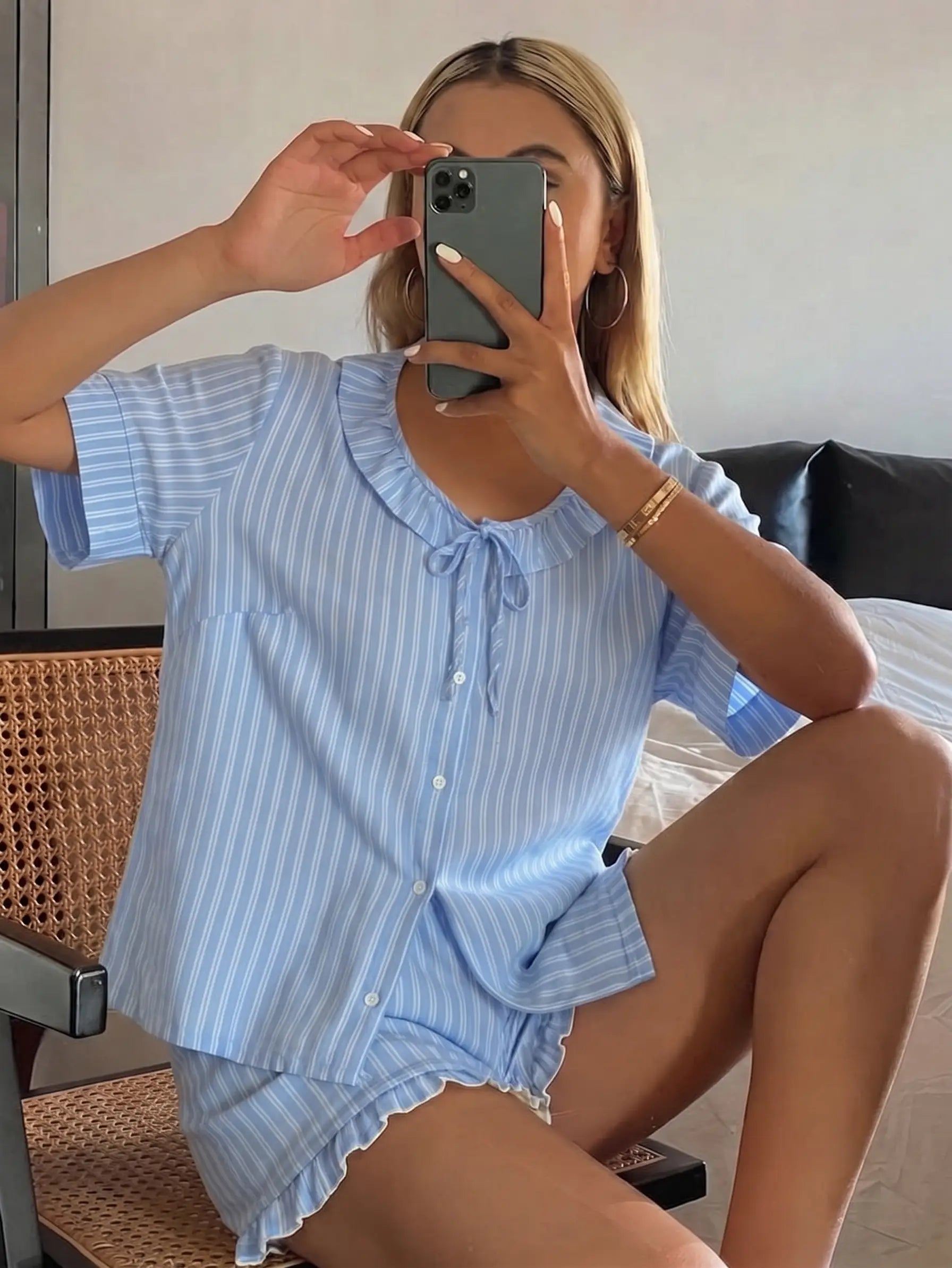 Mavi Çizgili Pamuklu Pijama Takımı
