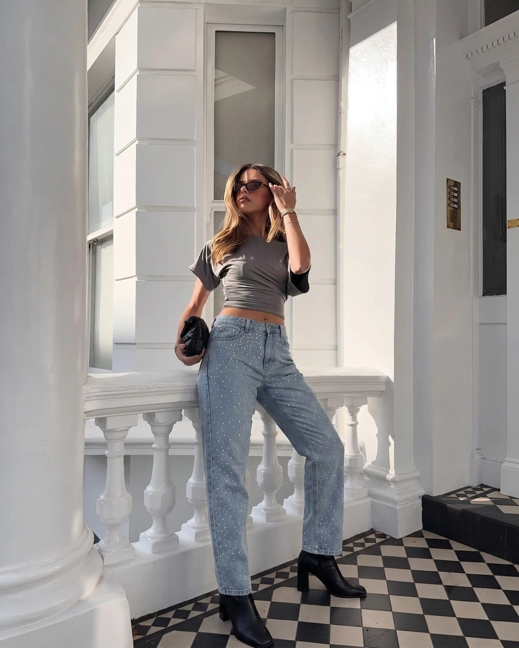 Mavi Taş Detaylı Yüksek Bel Wide Leg Jeans