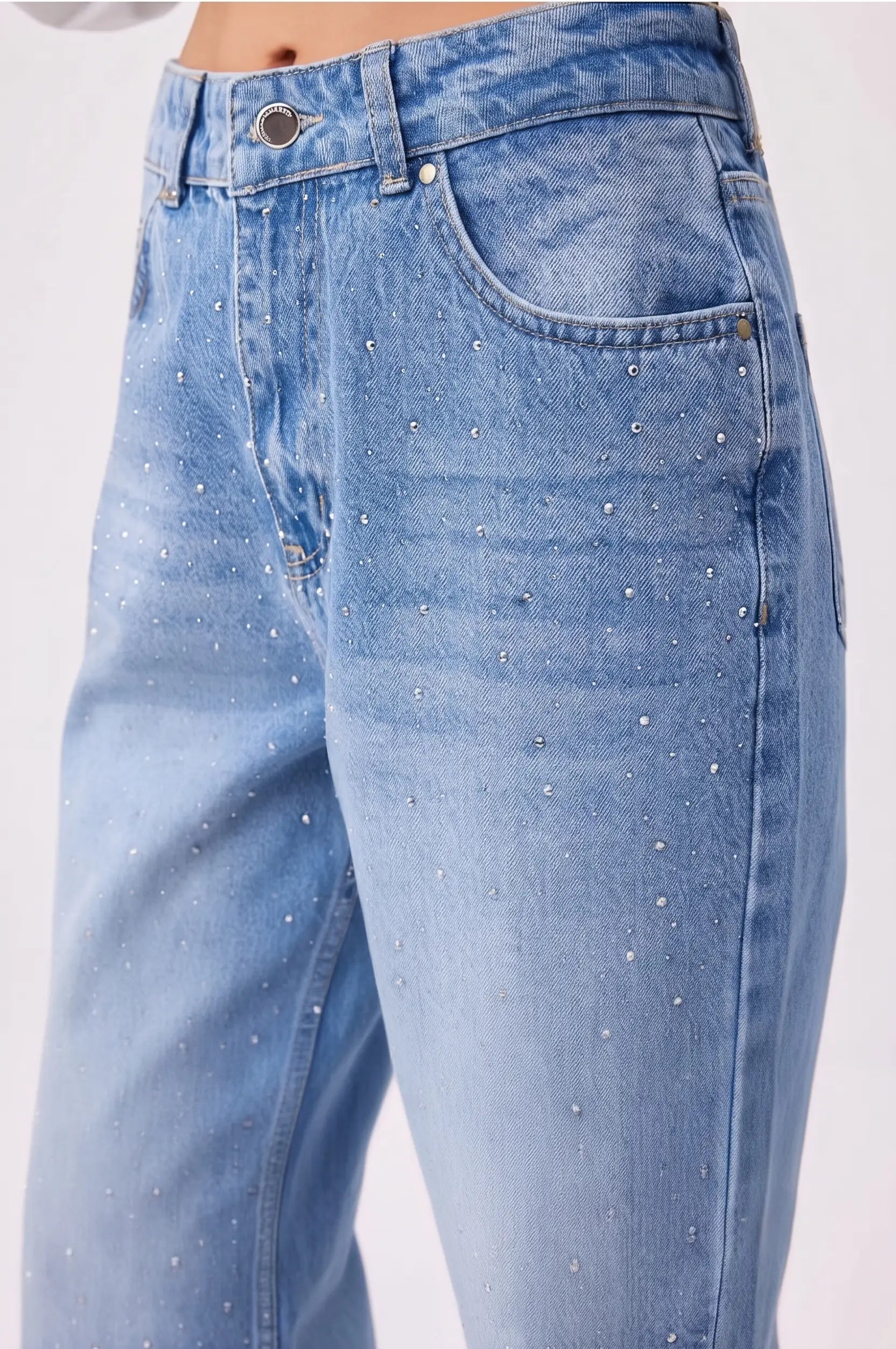 Mavi Taş Detaylı Yüksek Bel Wide Leg Jeans