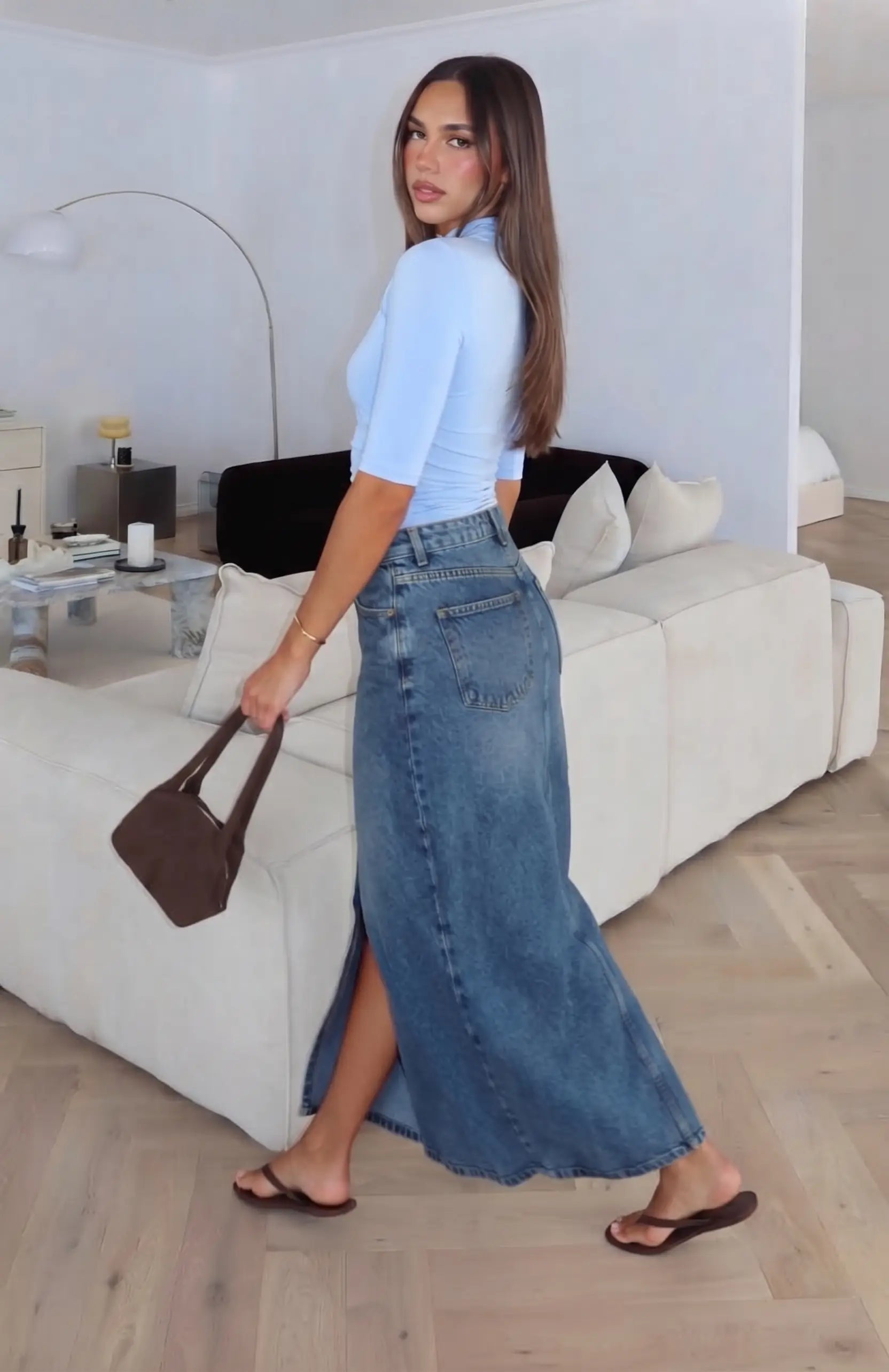 Mavi Yırtmaçlı Maxi Denim Etek