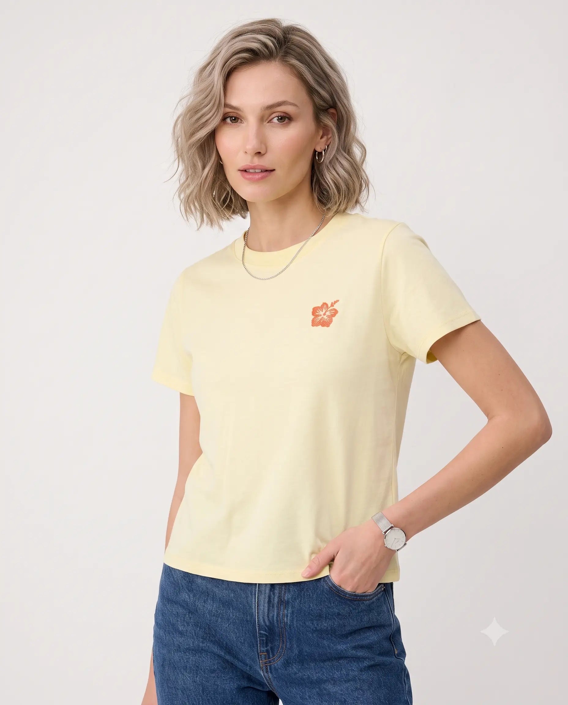 Nakışlı Regular Bisiklet Yaka Standart Kol Kısa % 100 Pamuk Örme T-Shirt - Sarı / XS