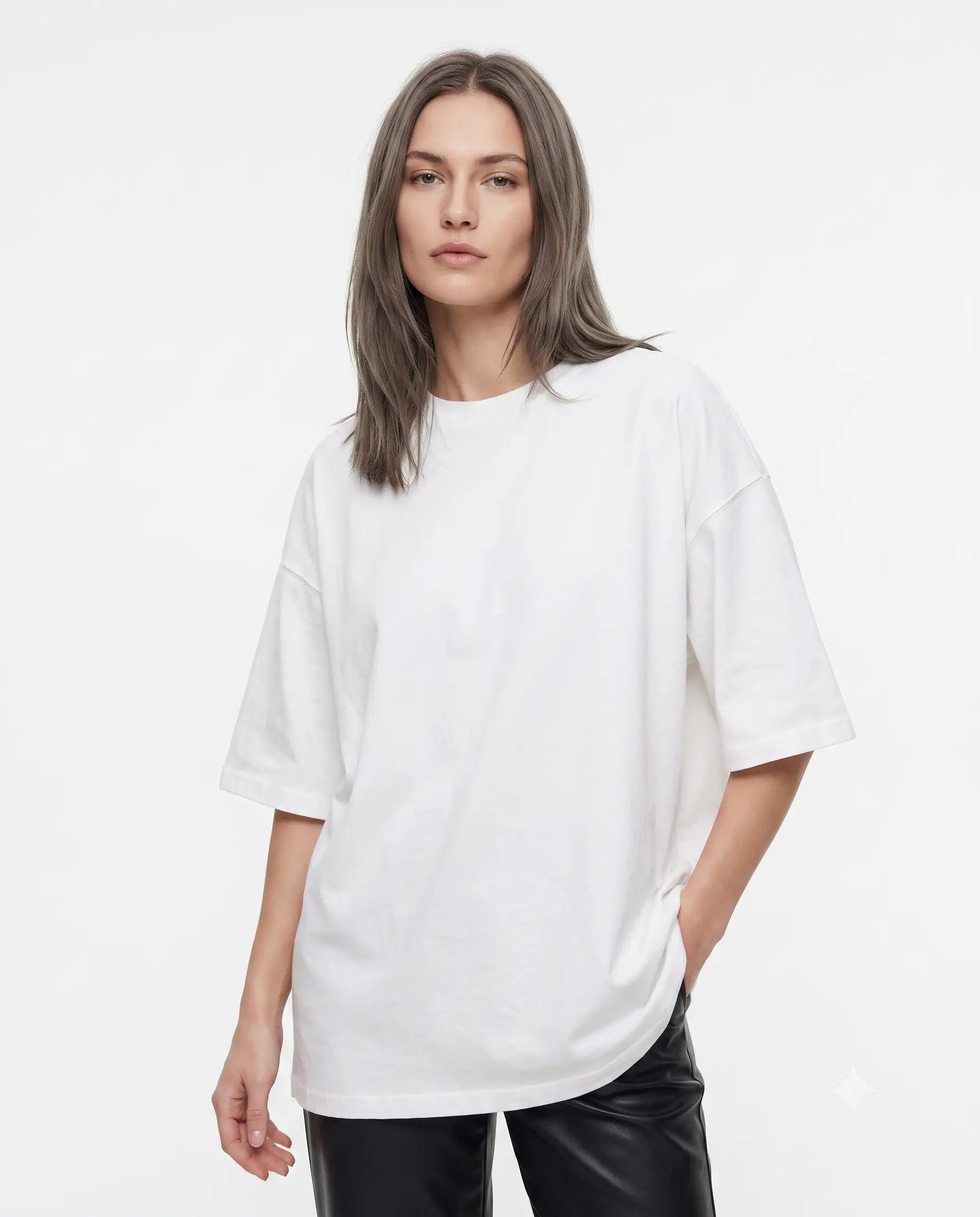 Oversize/Geniş Kalıp Bisiklet Yaka Örme T-Shirt - Bej / XS