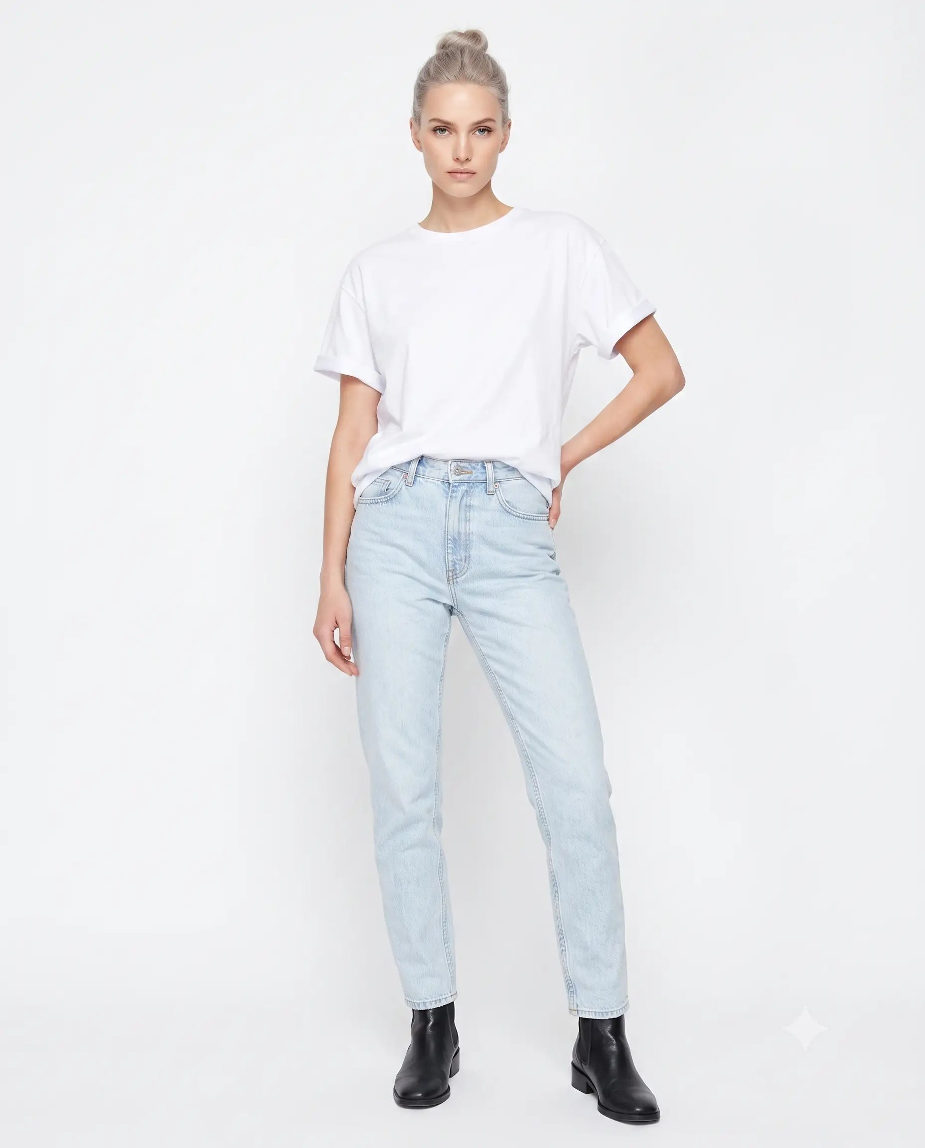 Oversize/Geniş Kalıp Bisiklet Yaka Örme T-Shirt - Beyaz / XS