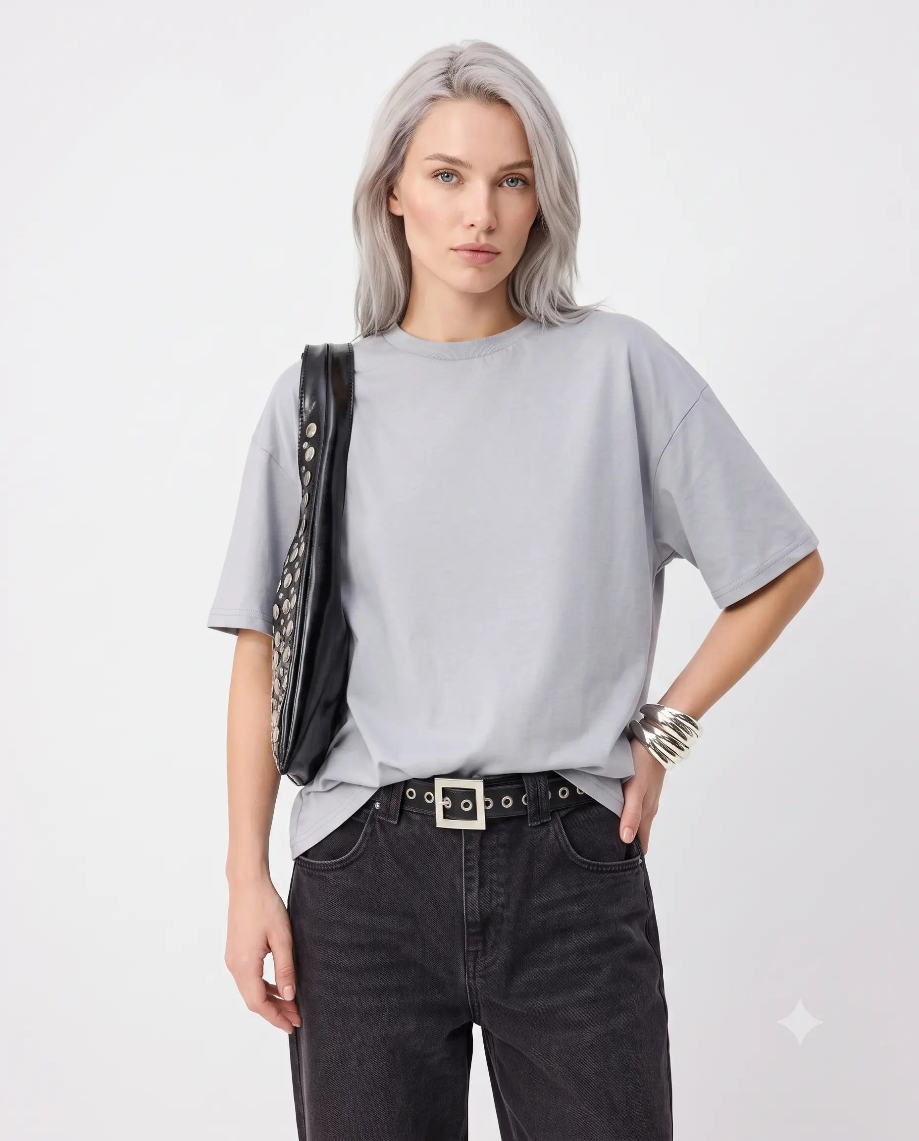 Oversize/Geniş Kalıp Bisiklet Yaka Örme T-Shirt - Gri / XS