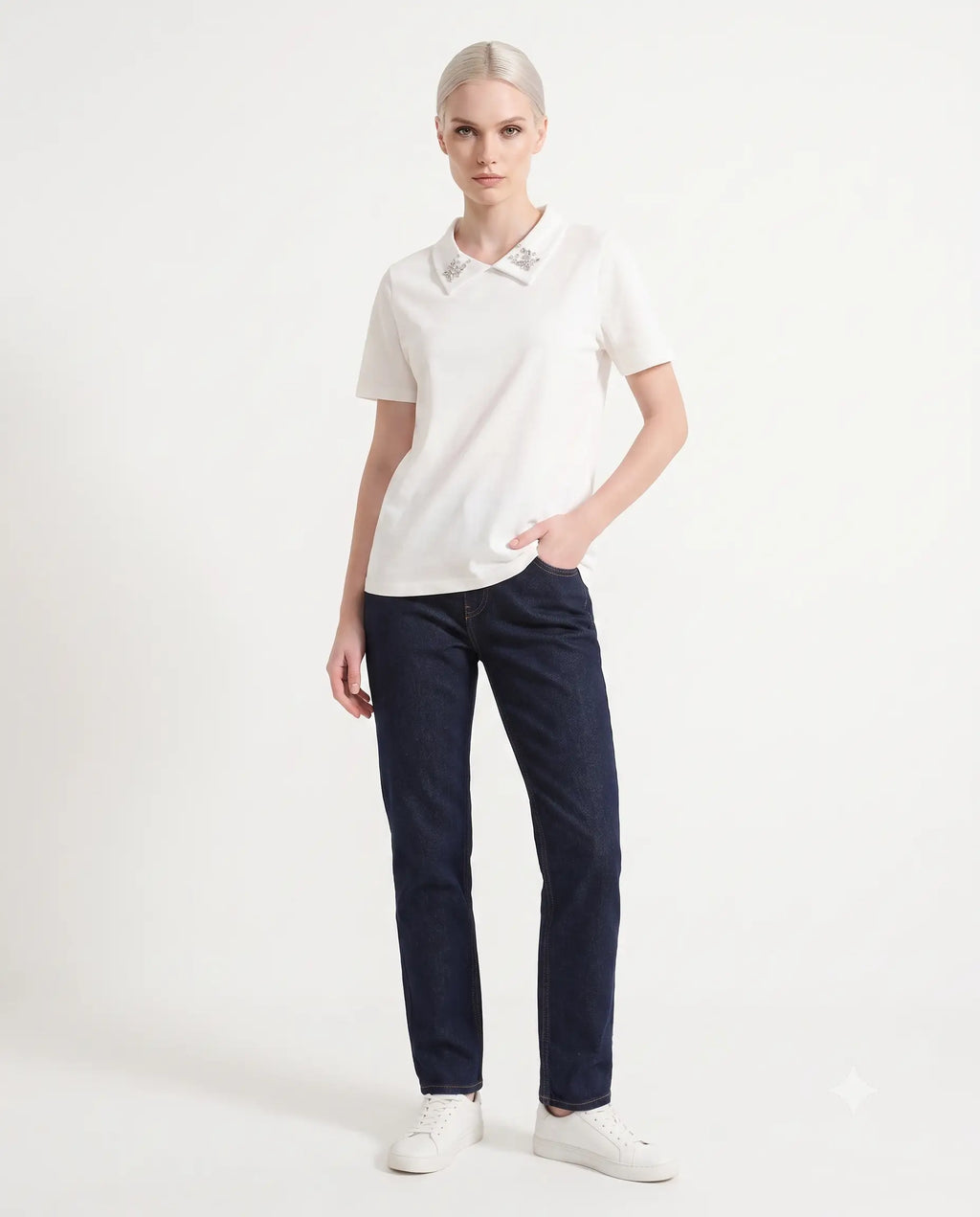 Pamuklu Polo Yaka Taş Detaylı Regular/Normal Kalıp Örme T-Shirt