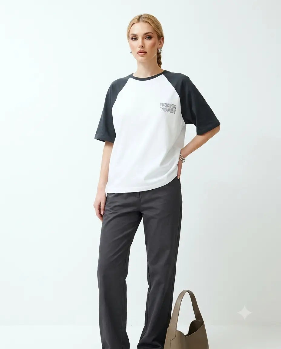 Pamuklu Renk Bloklu Sloganlı Relaxed/Rahat Kesim Örme T-Shirt