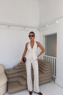 Puantiyeli Fitted/Vücuda Oturan Boyundan Bağlamalı Geniş Paça Örme Alt Üst Takım