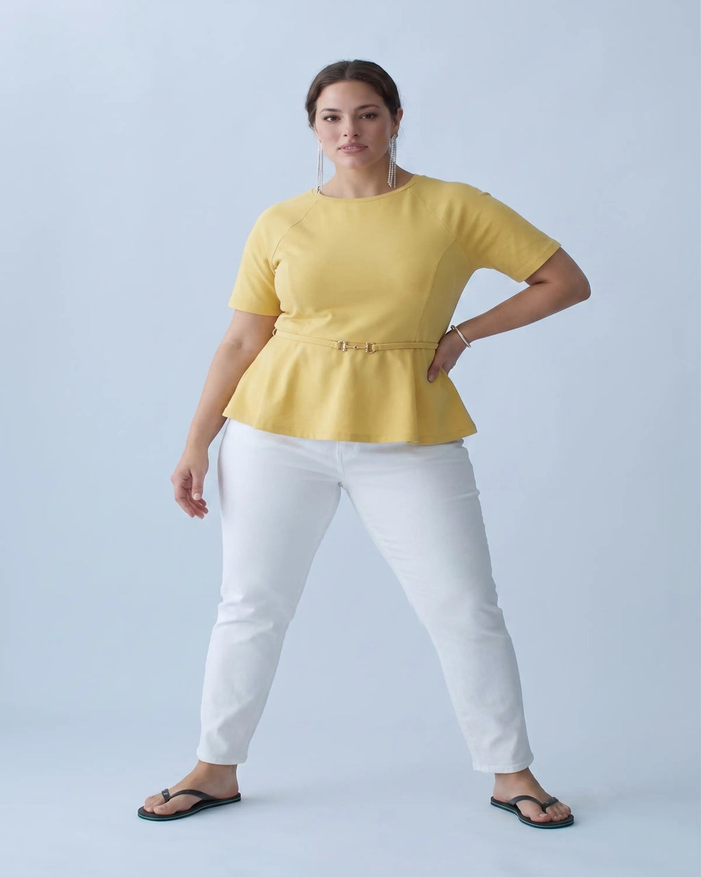 Sarı Peplum Reglan Kol Kısa Kollu Aksesuar Detaylı Bluz