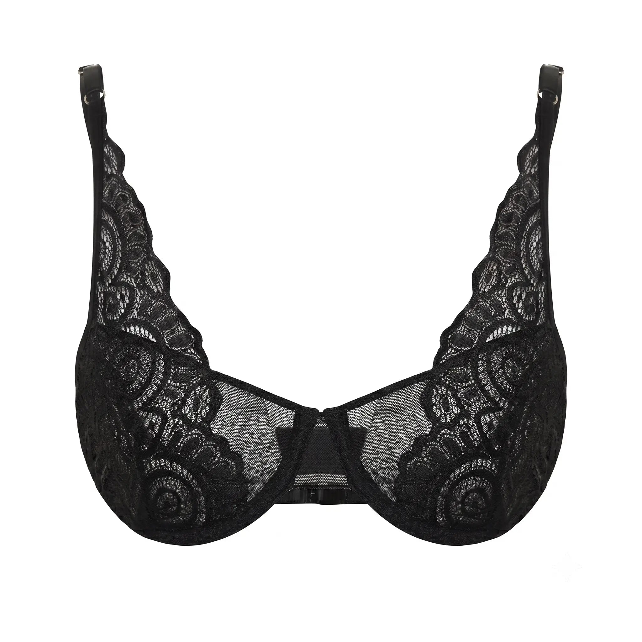 Siyah Dantel Tül Detaylı İp Askılı Kapsız T-Shirt Bra