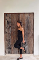 Siyah Esnek Kumaş Straplez Bluz Crop Flare Pantolon Dokuma Alt - Üst Takım
