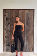 Siyah Esnek Kumaş Straplez Bluz Crop Flare Pantolon Dokuma Alt - Üst Takım