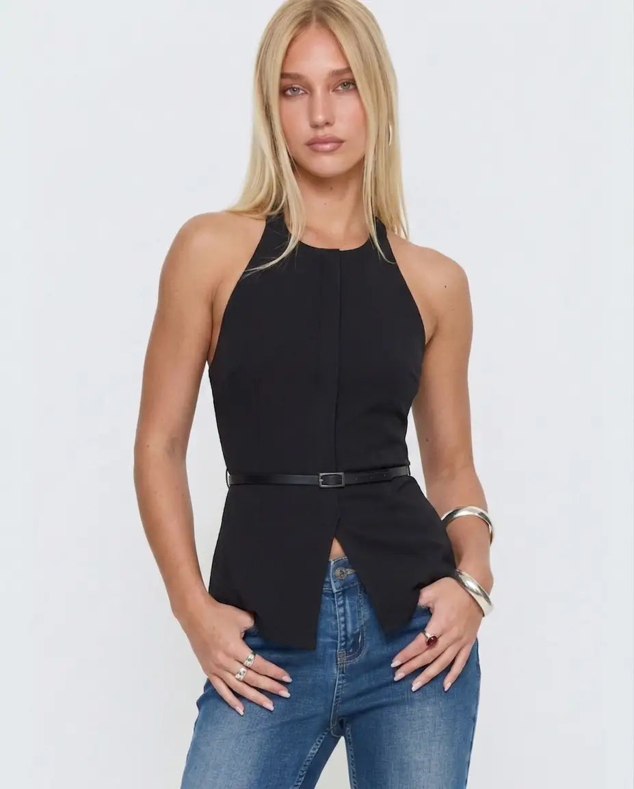 Siyah Fitted/Vücuda Oturan Boyundan Bağlamalı Bluz