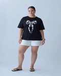 Siyah Fiyonk Baskılı Oversize Fit Büyük Beden T-shirt