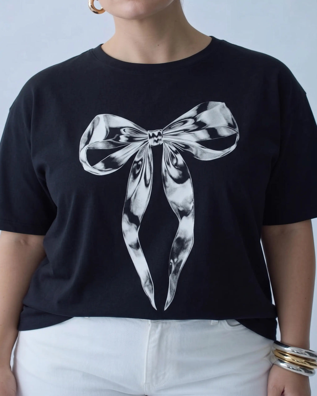 Siyah Fiyonk Baskılı Oversize Fit Büyük Beden T-shirt