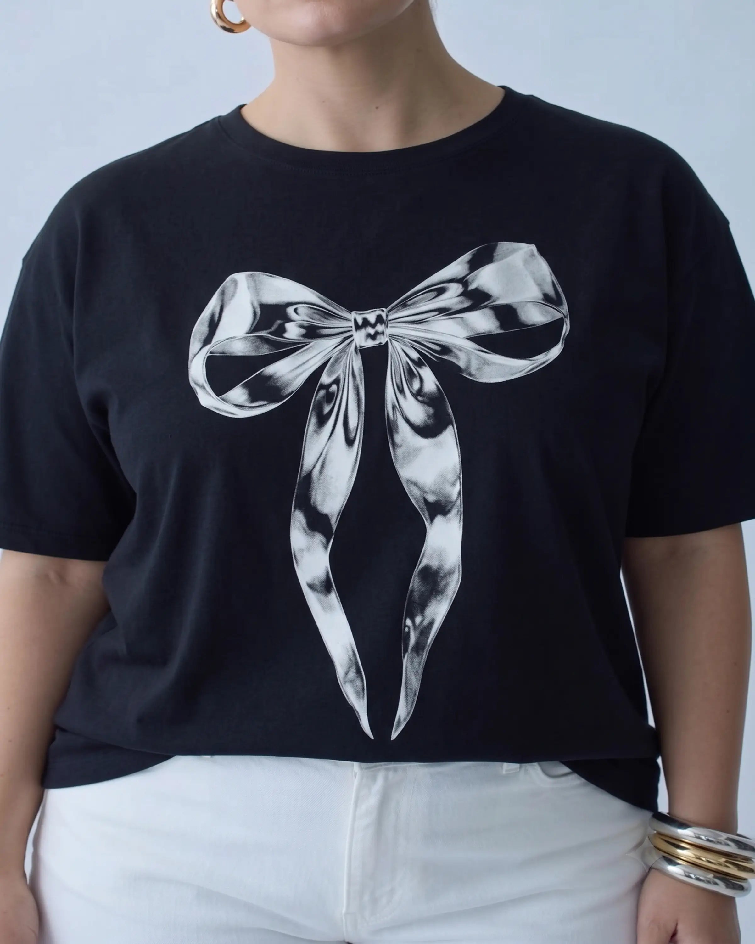 Siyah Fiyonk Baskılı Oversize Fit Büyük Beden T-shirt