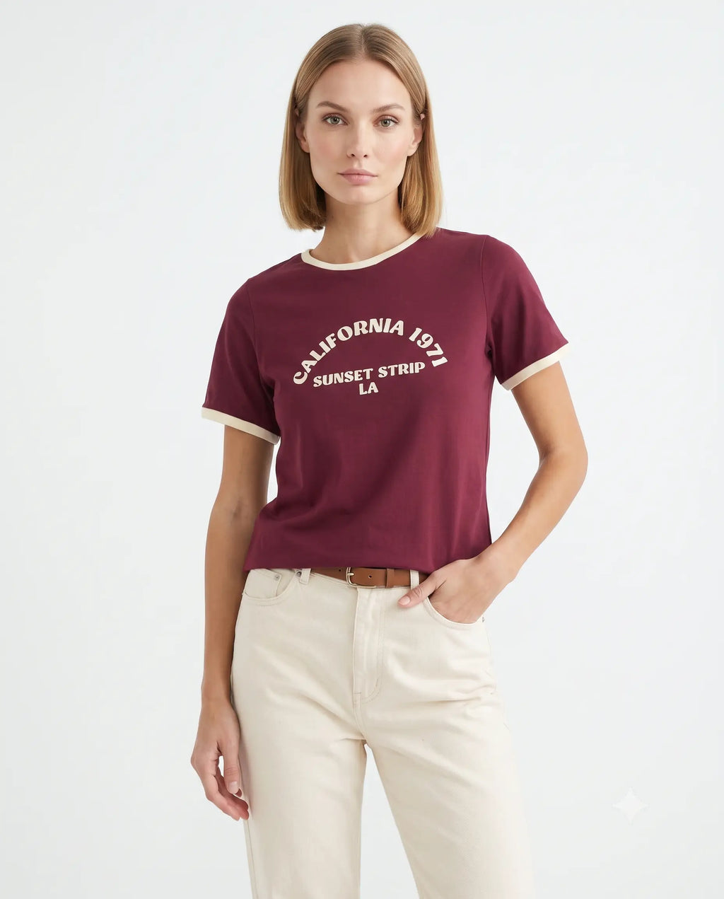 Slogan Baskılı Kontrast Biye Detaylı Örme T-Shirt