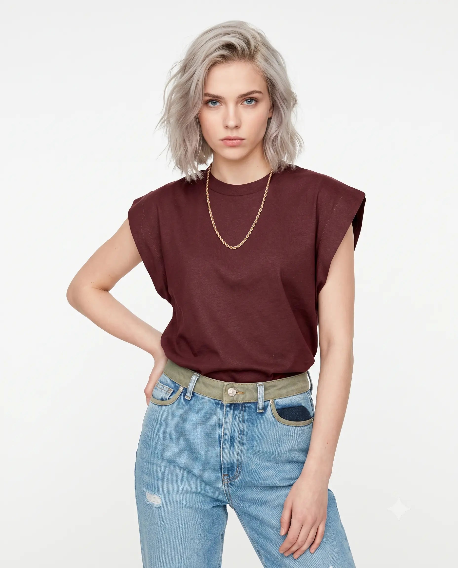 Vatka Görünümlü Basic Bisiklet Yaka Örme T-Shirt - Bordo / XS