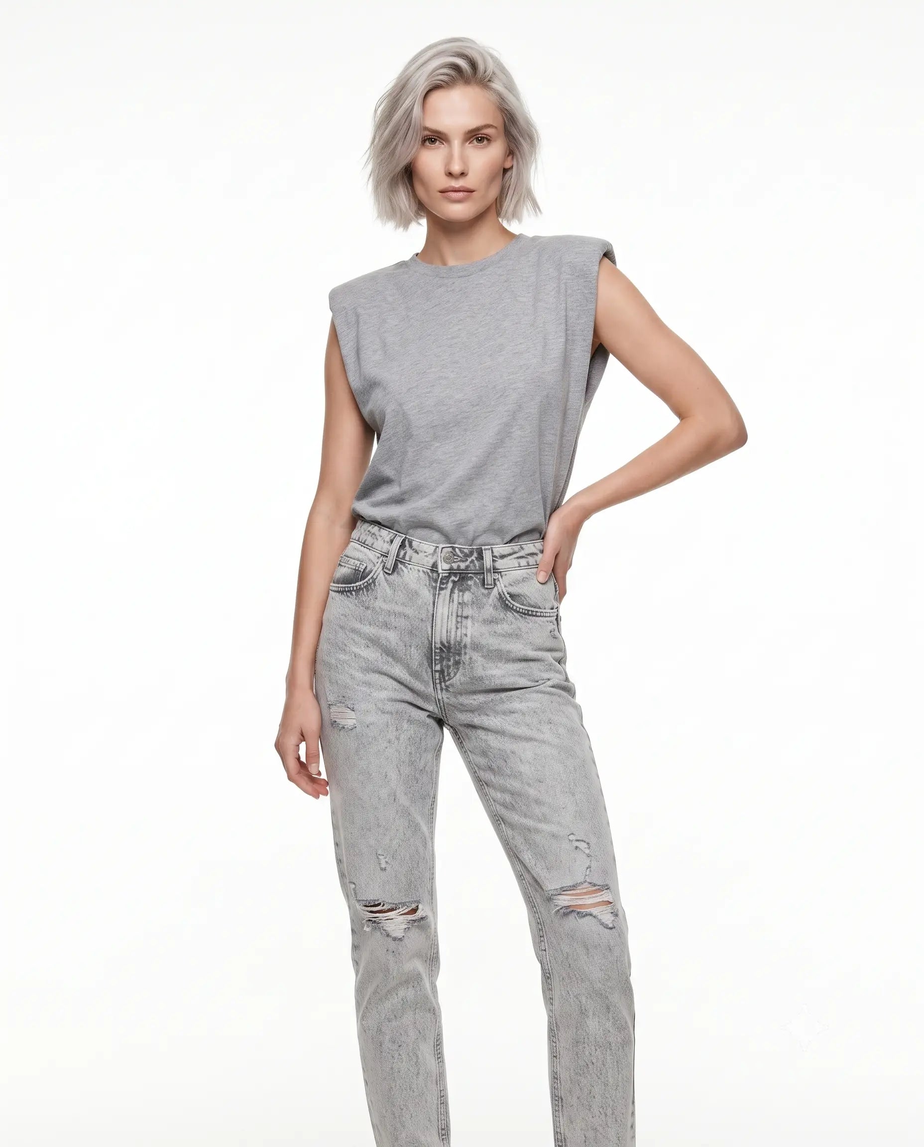 Vatka Görünümlü Basic Bisiklet Yaka Örme T-Shirt - Gri / XS